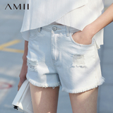 amii艾米2016夏季新款女装修身直筒纯色磨破毛边插袋牛仔短裤子女