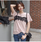 2016春韩国正品代购女装 直邮 假两件蕾丝甜美知性T恤上衣 BA
