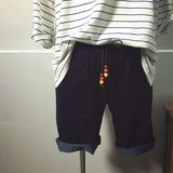 日系韩版 潮流设计 个性皮抽绳 修身 弹力针织牛仔面料男士短裤