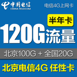北京电信4g无线上网卡任性卡120G流量包半年手机卡150 300小时