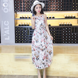 2016花色白色中腰中长裙套头单件新款韩版印花性感吊带沙滩连衣裙