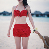 性感bikini红裙式比基尼大小胸聚拢保守泳装三件套高腰温泉泳衣女