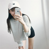 韩国东大门女装正品代购2016春装新款宽松短款蝙蝠袖条纹长袖T恤