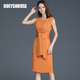 罗衣原创夏装新款气质无袖系带修身显瘦简约知性橘色连衣裙FH8348