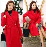 极简中国红2015冬季新款羊毛呢大衣女加长款修身过膝羊绒外套加厚