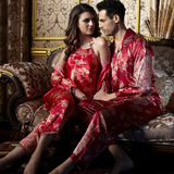 春秋季品牌情侣真丝睡衣男女夏薄款结婚新婚红色婚庆丝绸长袖套装