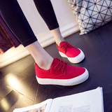 红色帆布鞋韩国平底布鞋女学生平跟球鞋黑色板鞋系带百搭厚底单鞋