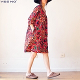 yesno原创设计文艺宽松大码五分袖棉麻印花圆领茧型连衣裙长裙女
