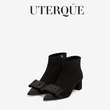 uterque女靴代购 西班牙专柜正品女士蝴蝶结羊皮粗跟短靴5161/151