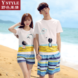沙滩男女海边度假夏装韩国卡通印花学生潮情侣装短袖t恤套装D