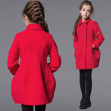 2015女童冬装大衣 欧美修身收腰羊毛大衣毛呢子外套大童170码红色