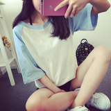 夏季新款韩版BF风插肩袖简约纯色中袖休闲体恤大码学生短袖T恤女