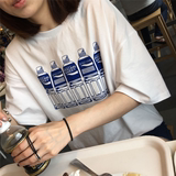 夏装韩版学院风宽松矿泉水瓶印花半截袖 宽松显瘦中长款短袖T恤女