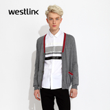 Westlink/西遇春秋款新款 撞色拼接V领单排扣针织开衫男装外套