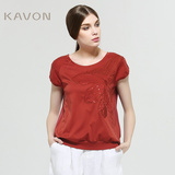 Kavon/卡汶 夏装品牌O型宽松短款套头纯棉绣花短袖针织衫上衣女