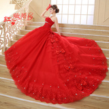 红色拖尾婚纱 最新款2014冬季长拖尾蝴蝶结蕾丝亮钻新娘婚纱礼服
