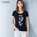 清仓#Amii[极简主义]2016修身女式字母印花百搭大码短袖黑色体T恤