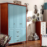 衣柜包邮 地中海天蓝色衣柜 美式乡村1.2米实木衣柜 英伦三门衣柜