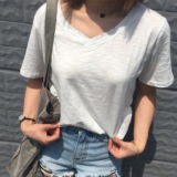 2016夏天韩版简约个性领口破洞竹节棉宽松短袖T恤女学生体恤上衣