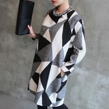 韩国代购2016JAN新春季女装宽松不规则几何三拼色连衣裙针织毛衣