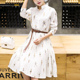 1621#实拍秋季新款女装韩版立领抽象印花长袖显瘦衬衫连衣裙+腰带