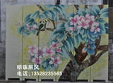 花鸟手绘现代中式电视背景墙装饰实木屏风