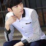 秋季新款男士商务衬衫韩版修身长袖条纹寸衫潮流行格子衬衣男青年