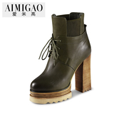 AIMIGAO爱米高2015秋冬新款 欧美粗高跟防水台胎牛皮短靴系带女靴