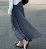viyi原创设计半身长裙复古小裙中长款百褶裙中长雪纺灰色a字高腰