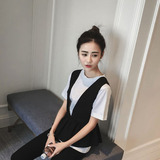2016春装新款韩国韩版短袖T恤百褶黑白拼色背心两件套装女装