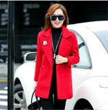 2015冬装新品韩版时尚修身显廋女式中长款羊毛呢子大衣外套配胸针