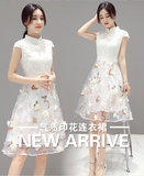 2016夏新款韩版修身高腰蕾丝连衣裙中长款短袖旗袍欧根纱白色裙子