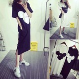 夏季韩版新款 纯棉可爱卡通米奇字母印花开叉中长款短袖T恤连衣裙