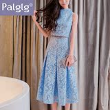 Palglg2016夏季新款女装立领无袖两件套套装中长款大摆蕾丝连衣裙