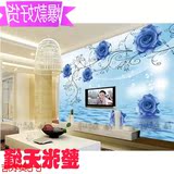 纸 客厅卧室大型壁画无缝墙布蓝色玫瑰花墙纸 3d立体电视背景墙壁