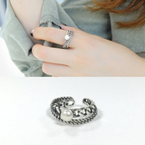 韩版S925纯银复古淡水珍珠双层链条开口戒指时尚百搭银饰指环礼物