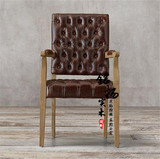 美式橡木拉扣实木做旧软包PU餐椅法式皮艺带扶手复古单人布艺餐椅