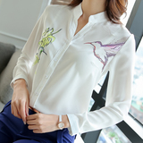 好质量2016春季新款印花白衬衫女长袖修身韩版大码打底衫上衣