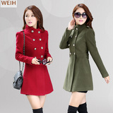 W2015冬新款毛呢大衣韩版修身女式中长款双排扣呢子风衣加厚外套