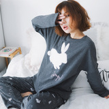 秋季新款韩版PINK磨毛针织棉植绒绣可爱兔企鹅睡衣套装家居服