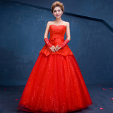 中国风婚纱 新款红色蕾丝婚纱新娘结婚齐地显瘦抹胸婚纱明星同款