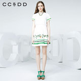 CCDD2016夏装新款专柜正品女斜纹植物印花百褶裙甜美假两件连衣裙