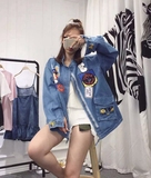 韩国东大门代购卡通贴布蝙蝠袖牛仔短外套韩范长袖薄款夏装2016女