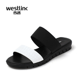 Westlink/西遇2016夏季新款 撞色蛇纹一字带露趾低跟平底女拖鞋潮