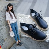 黑白色小皮鞋女英伦风平跟低跟学生韩版系带半跟鞋女单鞋女土皮鞋