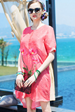欧美高端大牌夏季短袖中长款纯色刺绣印花修身高档真丝亚麻连衣裙