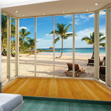 3d立体假窗自然风景大型壁画海滩海景壁纸电视沙发客厅背景墙纸