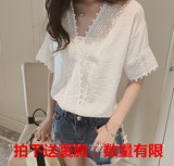 2016夏季韩版新款宽松白色蕾丝雪纺衫女短袖纯色镂空V领雪纺上衣