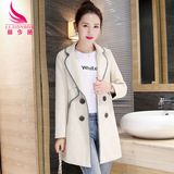 韩版2016春季女装新款修身风衣双排扣中长款大衣纯色鹿皮绒外套