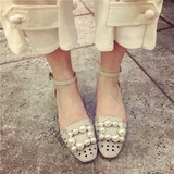 2016新款韩国甜美公主大颗珍珠方扣中跟单鞋 休闲镂空粗跟女鞋潮